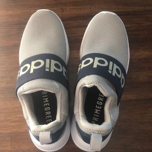 Blue and gray adidas shoes
